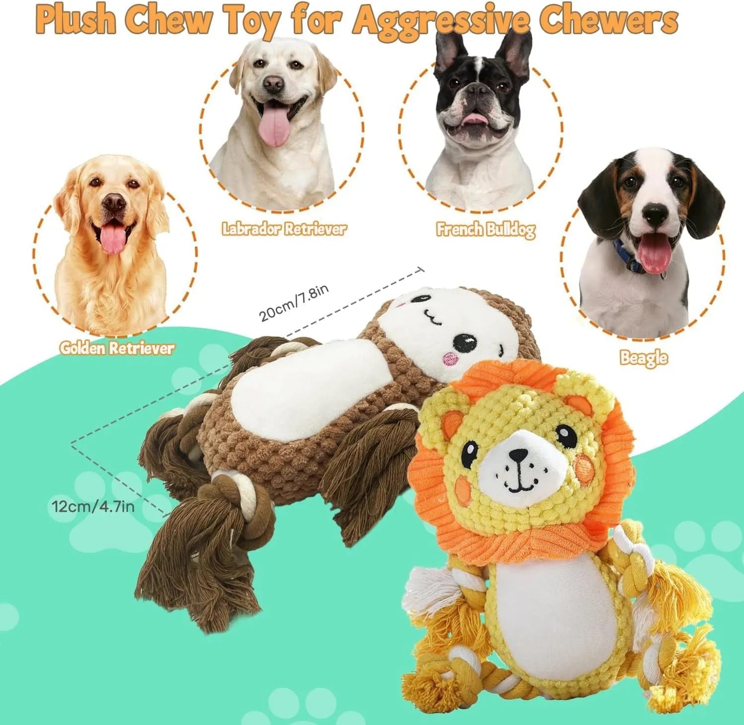Two stuffed plush dog toys, a lion and a monkey, both featuring squeakers for interactive play.