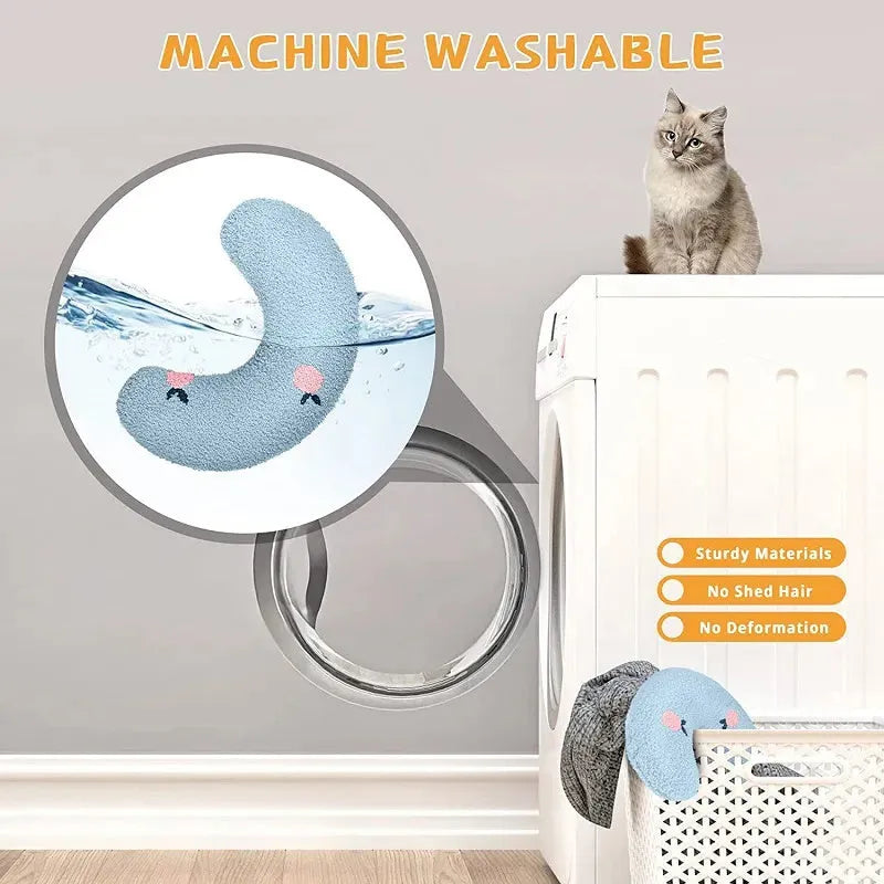A blue U-shaped plush pet pillow for a cat or small dog on a white background.