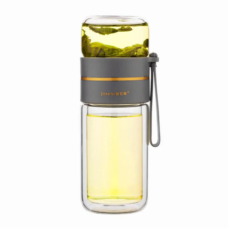 Double wall glass tea infusion bottle with stainless steel filter and rope handle in various colours.