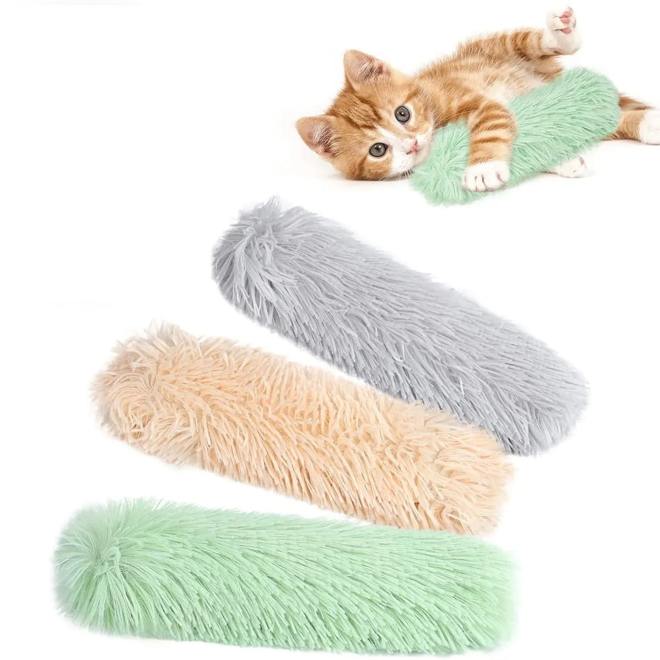 Cat plush toy pillow in four colours measuring 27 by 10 centimetres
