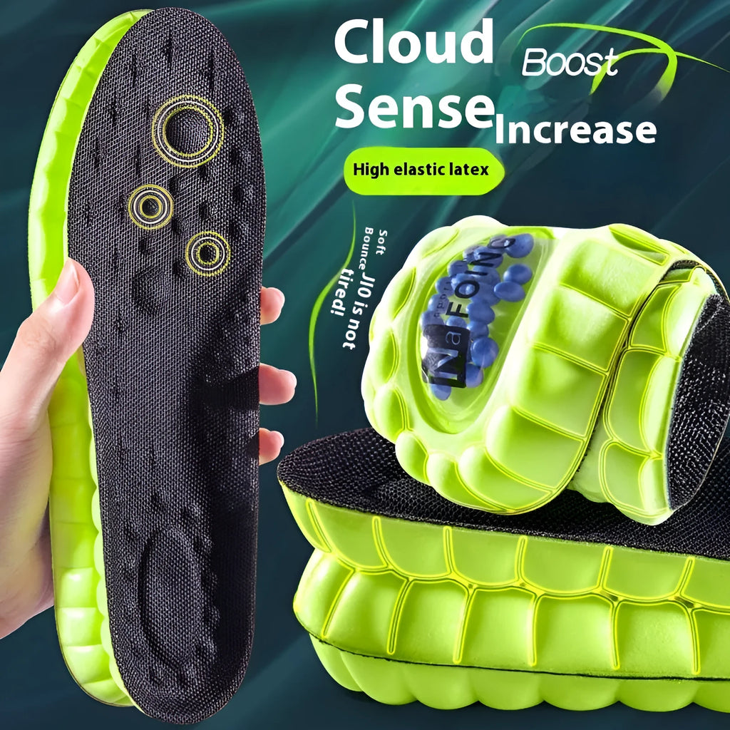Green PU sports insoles with argy wormwood, shown with size guide for ranges 35-46.