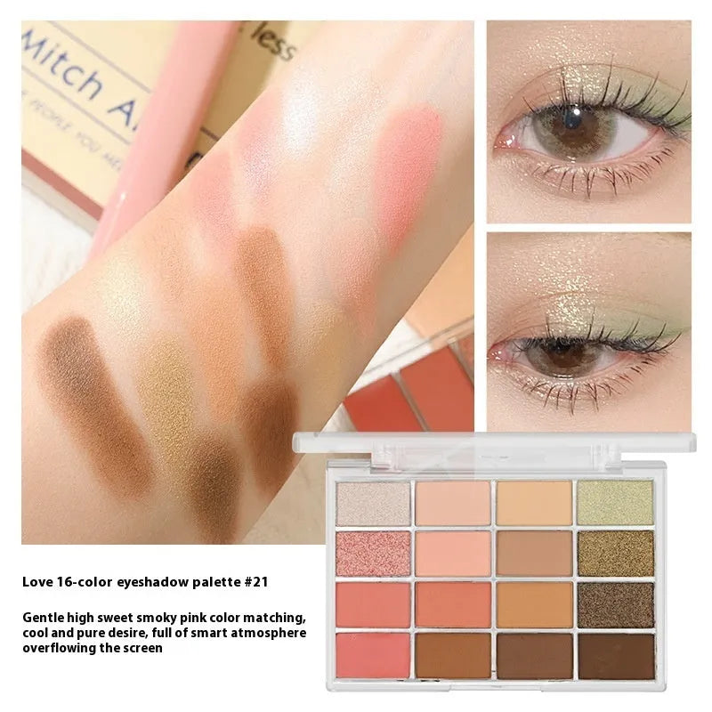Crouching Silkworm 16-colour eyeshadow palette showing pink and brown shimmer and matte shades