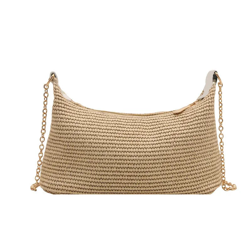 Straw woven shoulder tote bag in horizontal square shape with sandwich pocket and mobile phone compartment