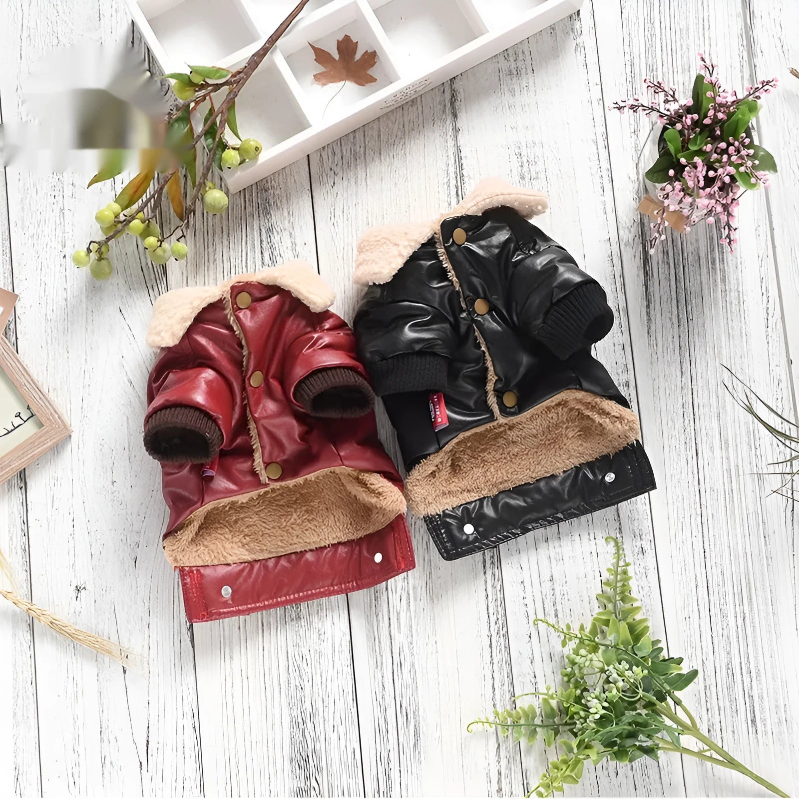 Red fleece-lined PU leather pet coat with British collar on small dog, two-legged winter design