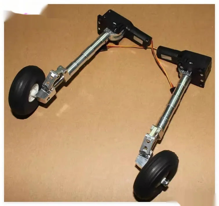 Alloy retractable shock-absorbing landing gear for toy electric aircraft with wheels.