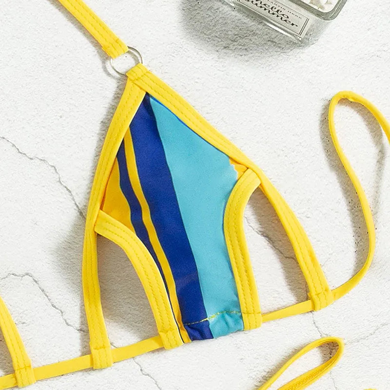 Yellow women's split swimsuit with backless hollow design and high-waist styling