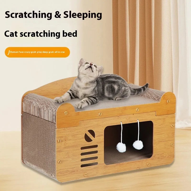 Corrugated paper double layer cat house with double ball design and two entrances
