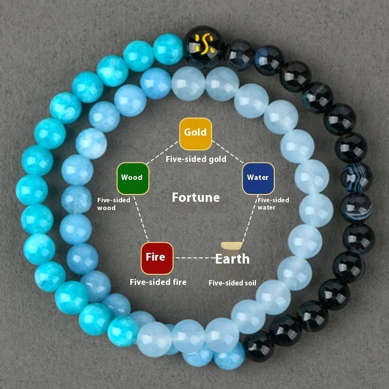 Natural Duobao crystal five elements double ring bracelet with geometric round bead design