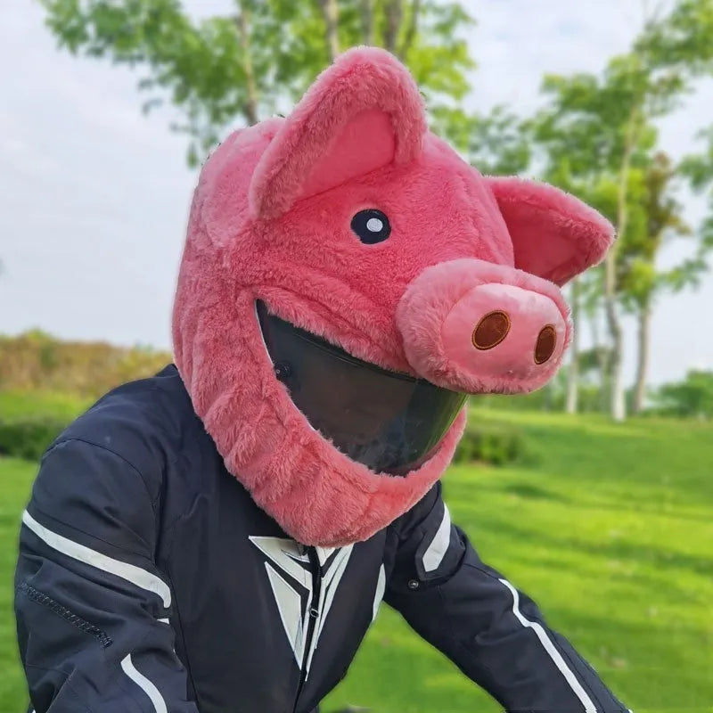 Pink cartoon plush motorcycle helmet protective hood made of PV velvet cloth.