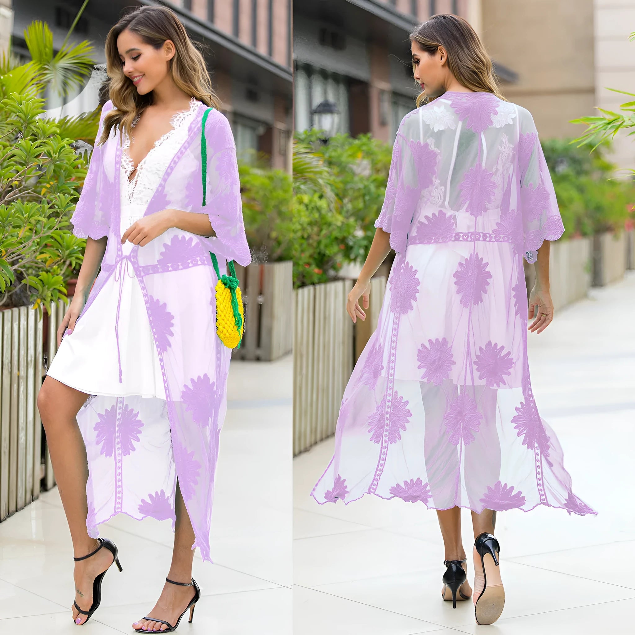 Light purple women's beach dress with lace embroidery detail as swimsuit cover-up