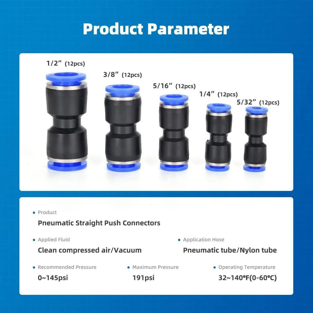 60-piece quick pneumatic push-in connector set with alloy plastic fittings