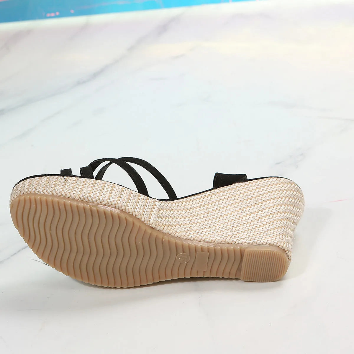 Women's beige wedge sandals with fish mouth open toe design and cloth upper material