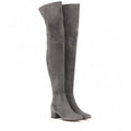 Grey suede women's flat over-the-knee boots with a pointed toe and thick low heel