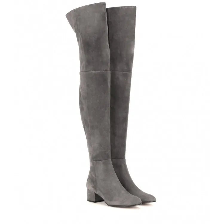 Grey suede women's flat over-the-knee boots with a pointed toe and thick low heel
