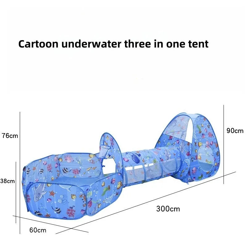 Three-in-one children's play tent with ball pool and tunnel in marine cartoon design