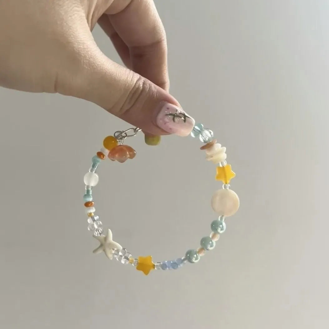 Orange mixed-material alloy bracelet with round and diamond beads for women, seaside summer accessory