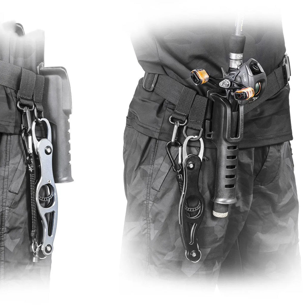 Fishing rod belt support bracket in black nylon, waist-mounted holder for rods with handle diameter under 3.5cm