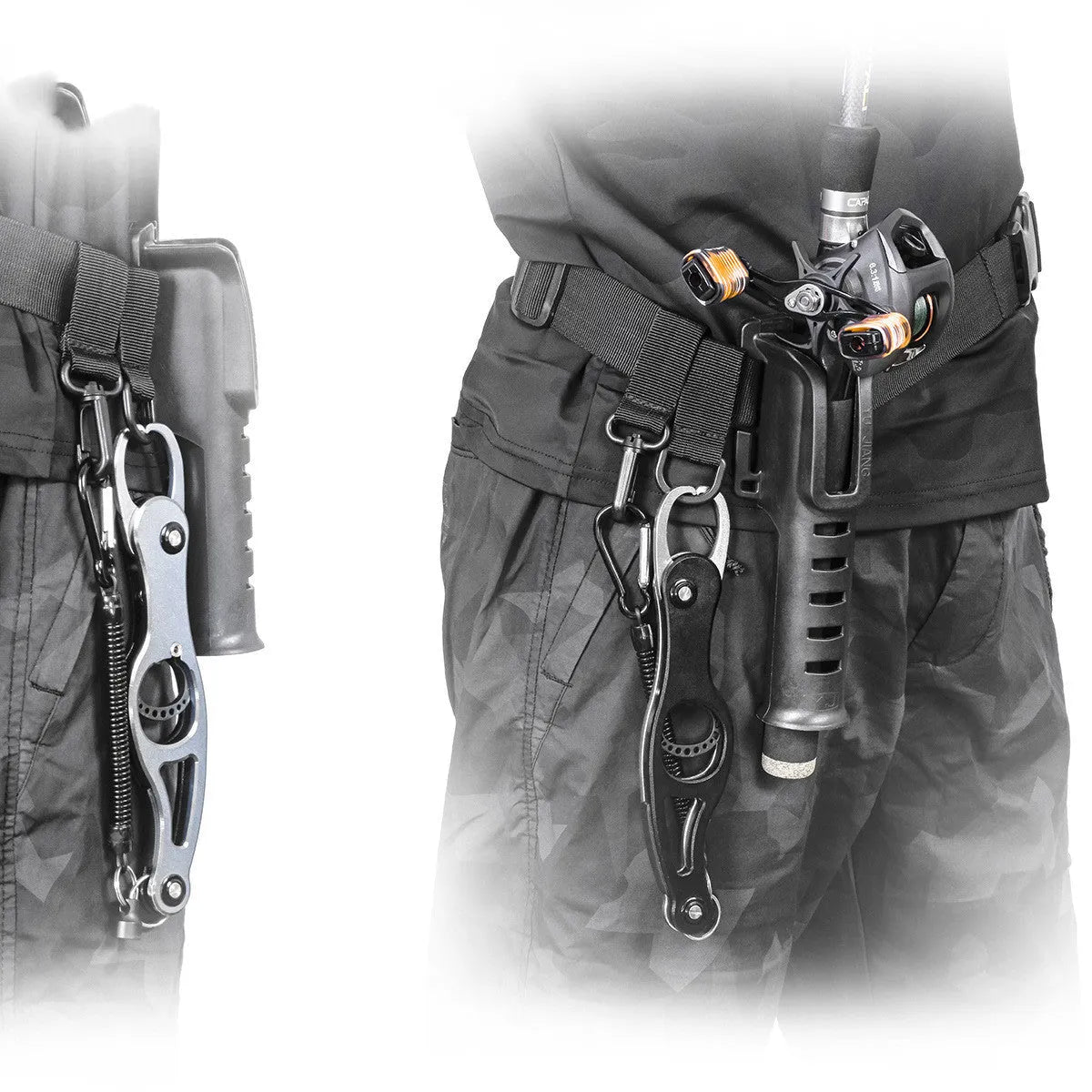 Fishing rod belt support bracket in black nylon, waist-mounted holder for rods with handle diameter under 3.5cm