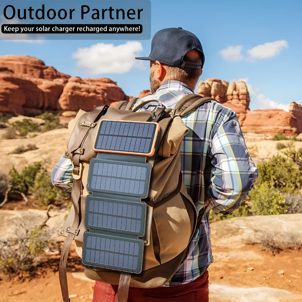 Outdoor solar phone charger power bank with solar panel and LED light in blue colour