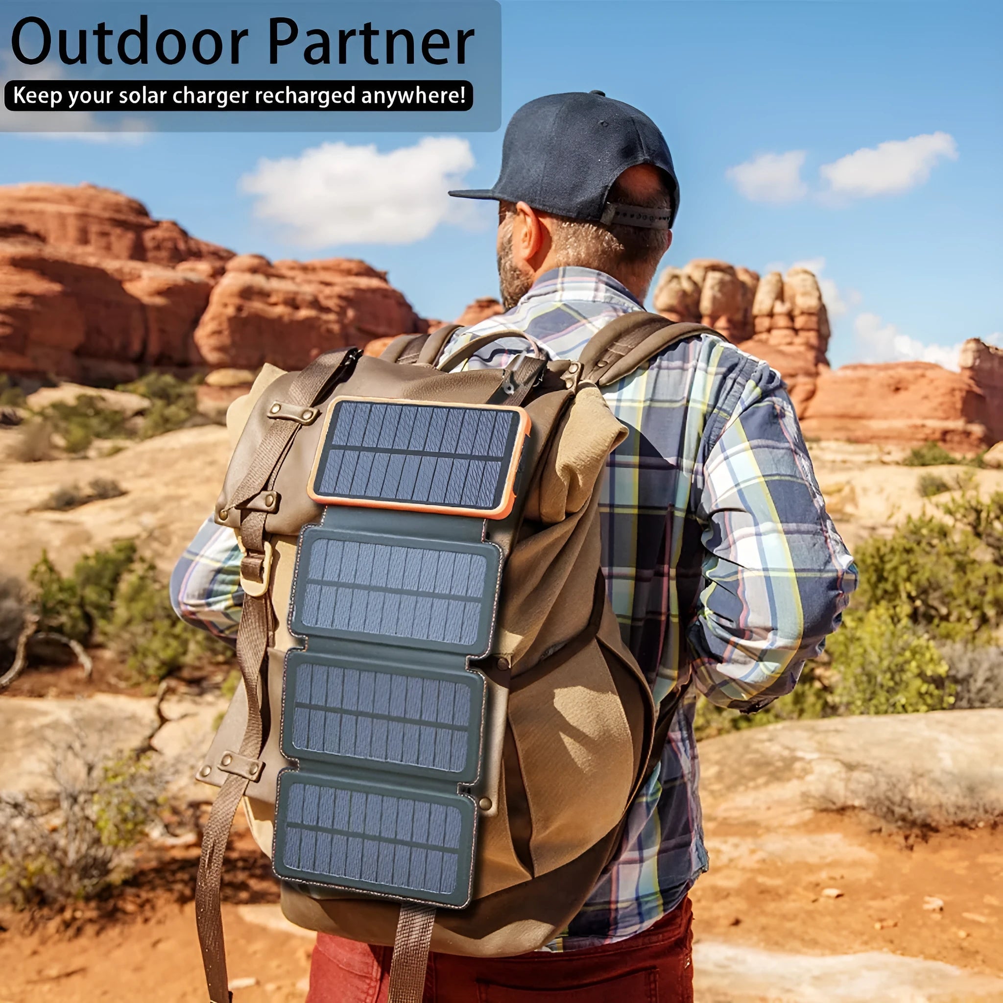 Outdoor solar phone charger power bank with solar panel and LED light in blue colour