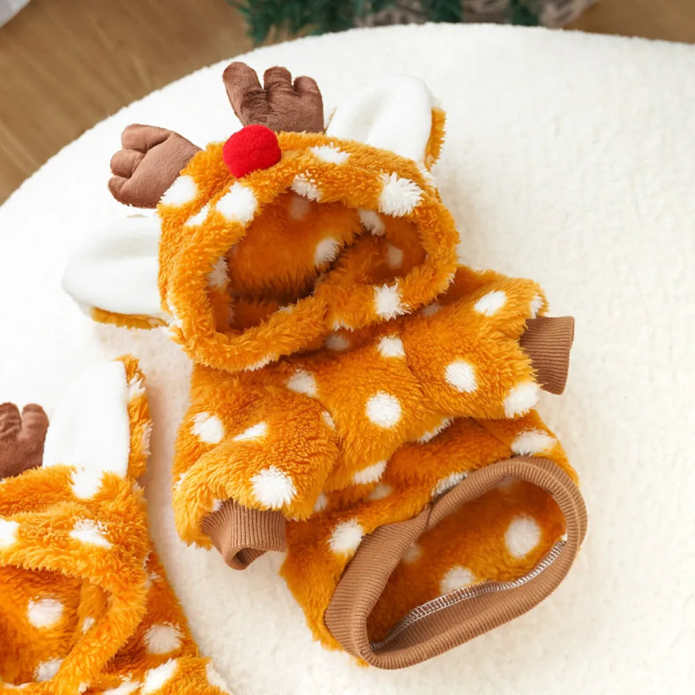 Elk costume for medium dog with fleece lining, shown in Christmas styling