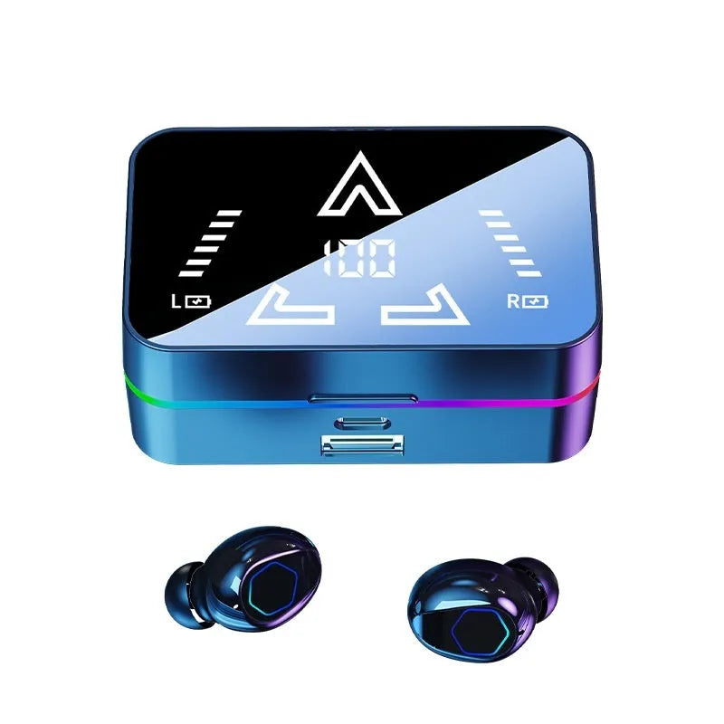 M49PRO in-ear Bluetooth headset in black with mirror digital display and breathing light