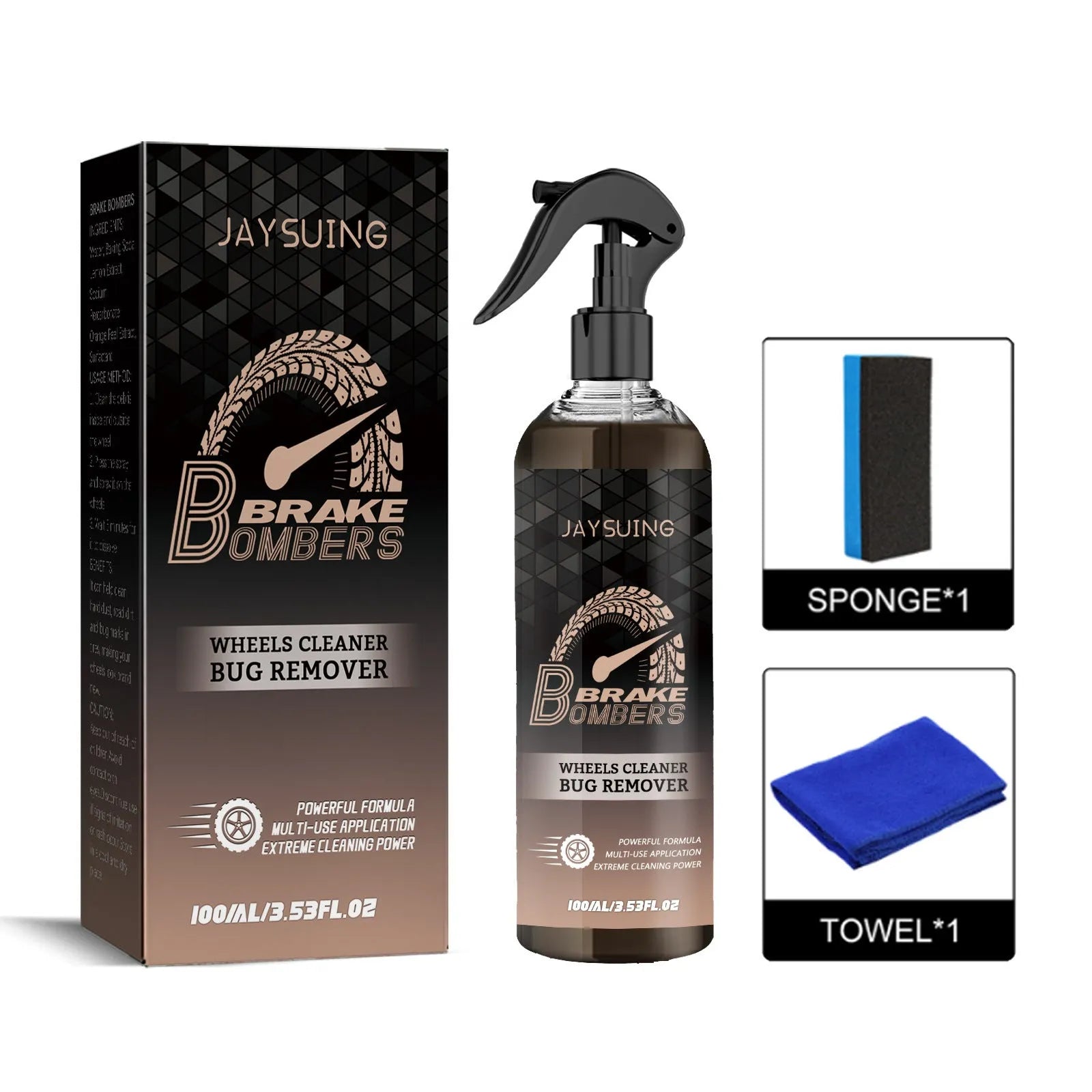 Car brake cleaner kit with 100ml bottle, applicator sponge, and cleaning cloth for brake disc maintenance