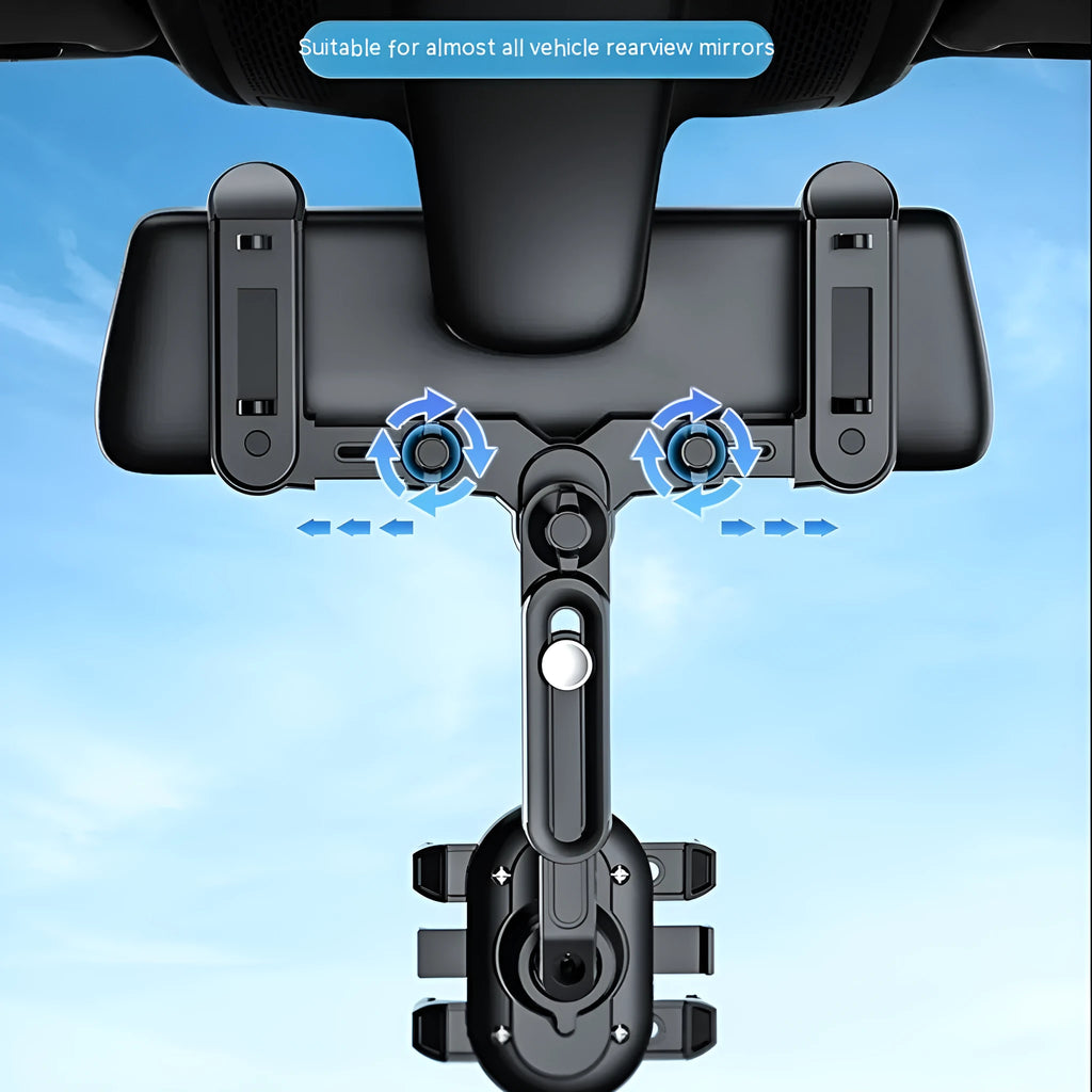 Black ABS plastic automobile rear view mirror bracket with a central folding adjustment rod.