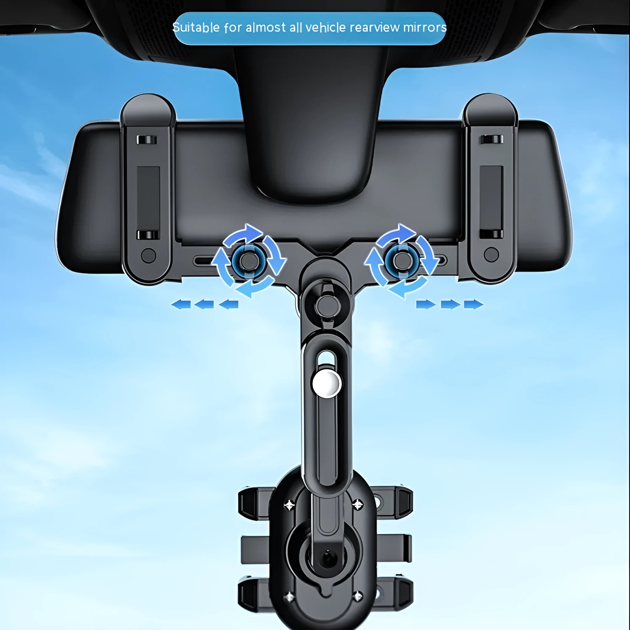 Black ABS plastic automobile rear view mirror bracket with a central folding adjustment rod.