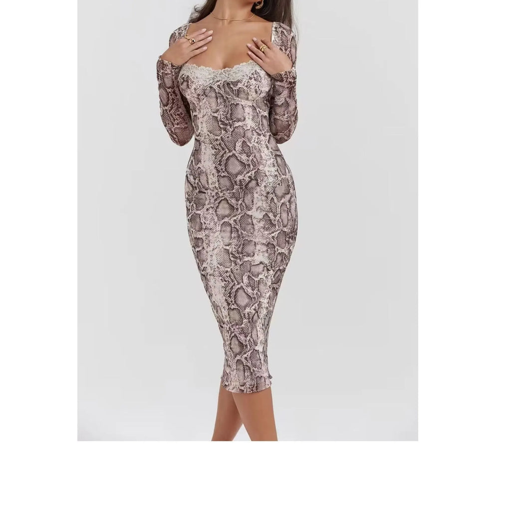 Grey digital printed lace dress with 3D pattern, slim fit, A-line skirt, and long sleeves