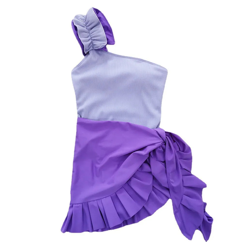 Women's single-shoulder suspender tube top one-piece swimsuit in a solid colour with a high-waist design.