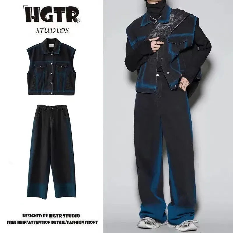 Men's distressed spray colour gradient vest and jeans two-piece suit set with fleece lining
