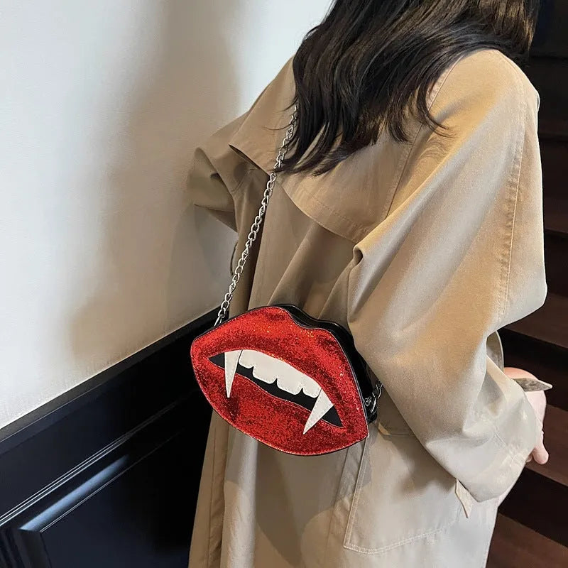 Red sequin PU leather small crossbody bag with chain detail hard shell oval shape single strap free size