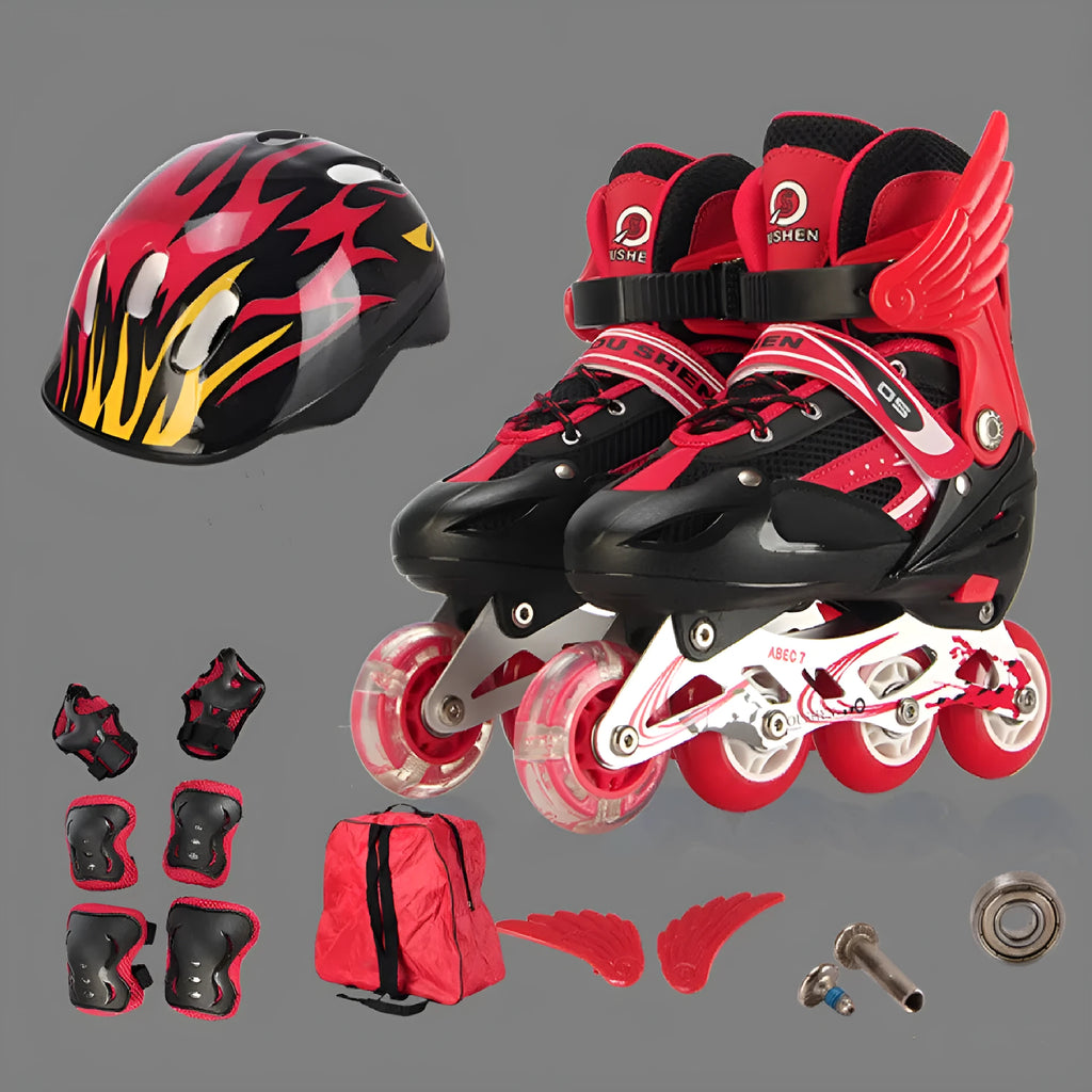 Adjustable children's ice skates with aluminium frame, PU foam wheels, matching helmet, protective gear set, and backpack in multiple colours.