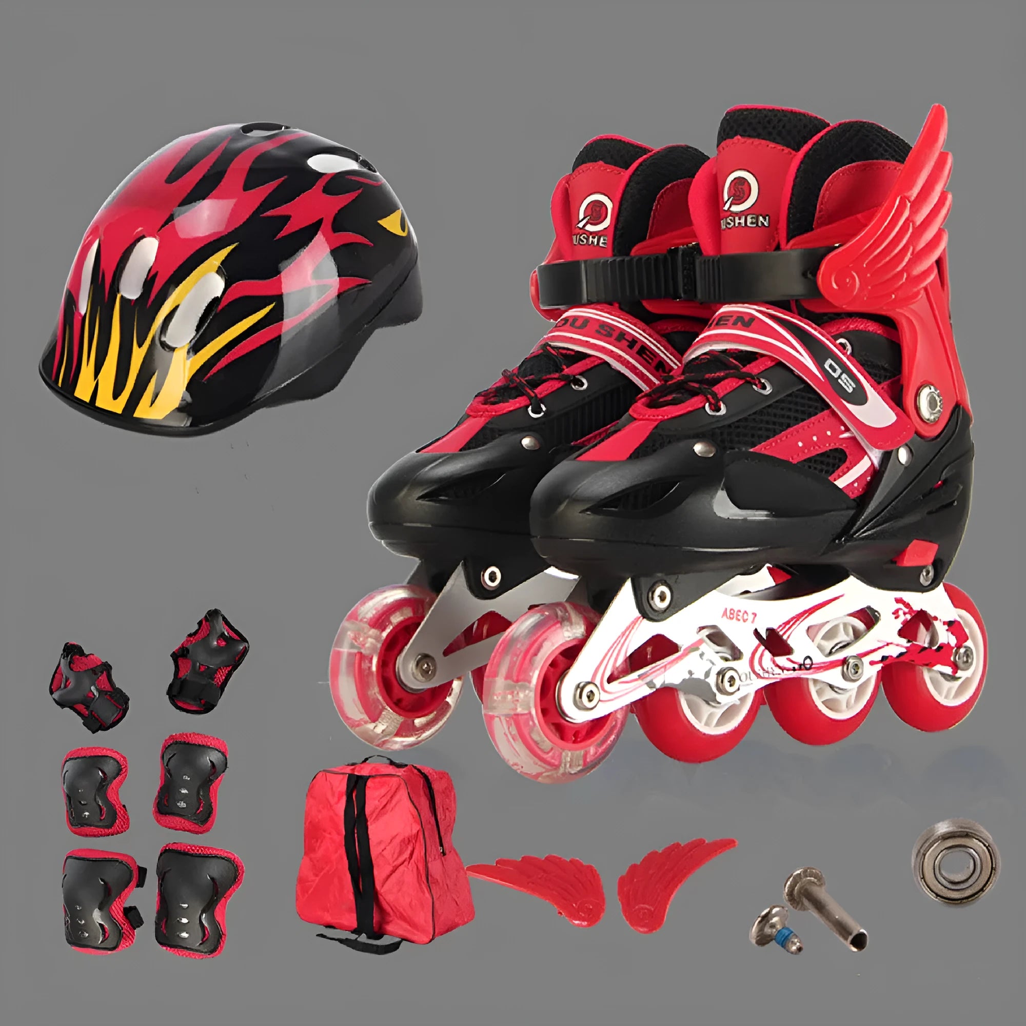 Adjustable children's ice skates with aluminium frame, PU foam wheels, matching helmet, protective gear set, and backpack in multiple colours.