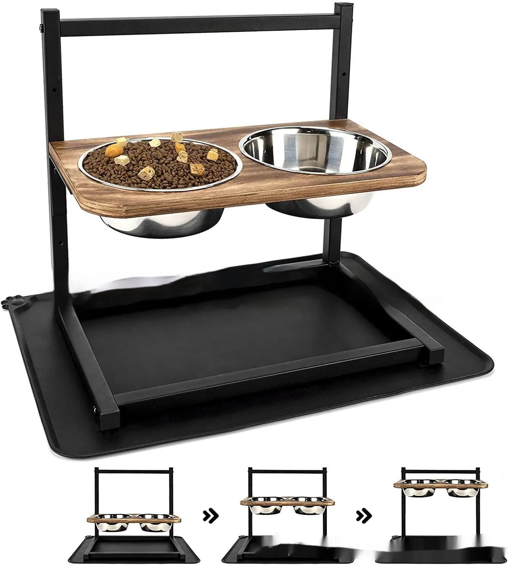 Large black iron elevated dog bowl rack with food and water bowls