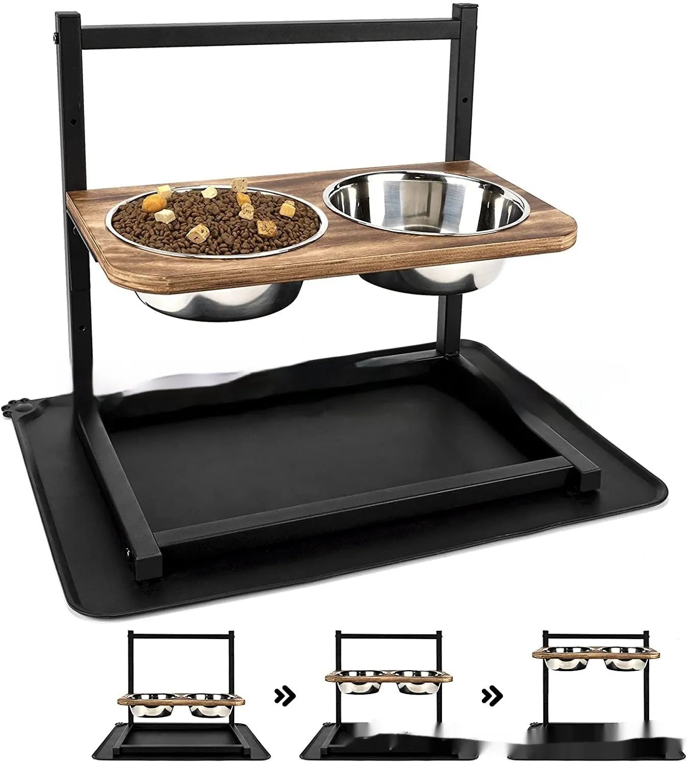 Large black iron elevated dog bowl rack with food and water bowls