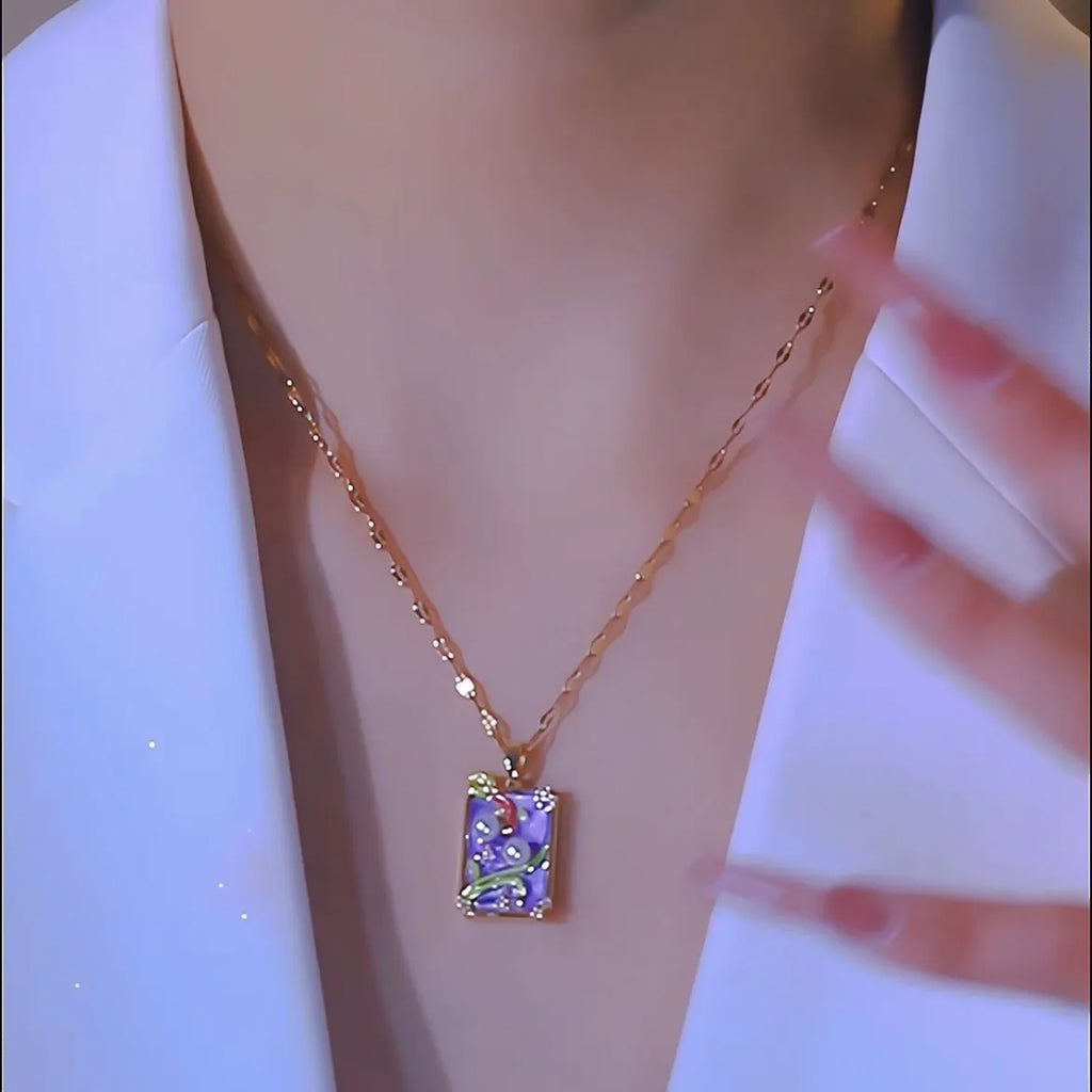 Pink vintage oil painting flower pendant necklace on titanium steel chain with copper pendant and electroplating finish