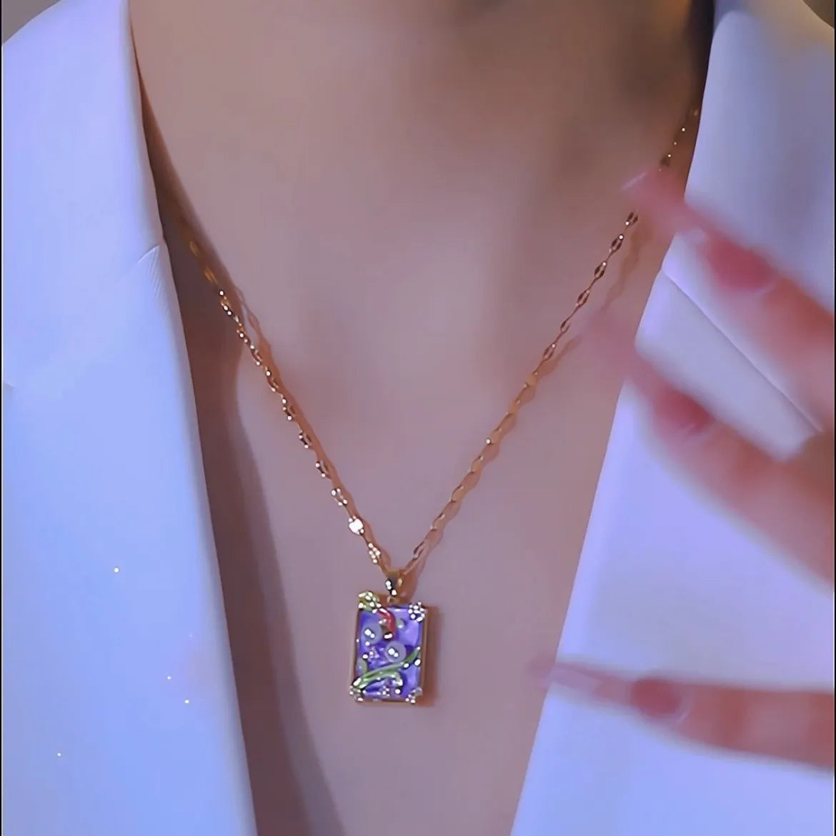 Pink vintage oil painting flower pendant necklace on titanium steel chain with copper pendant and electroplating finish