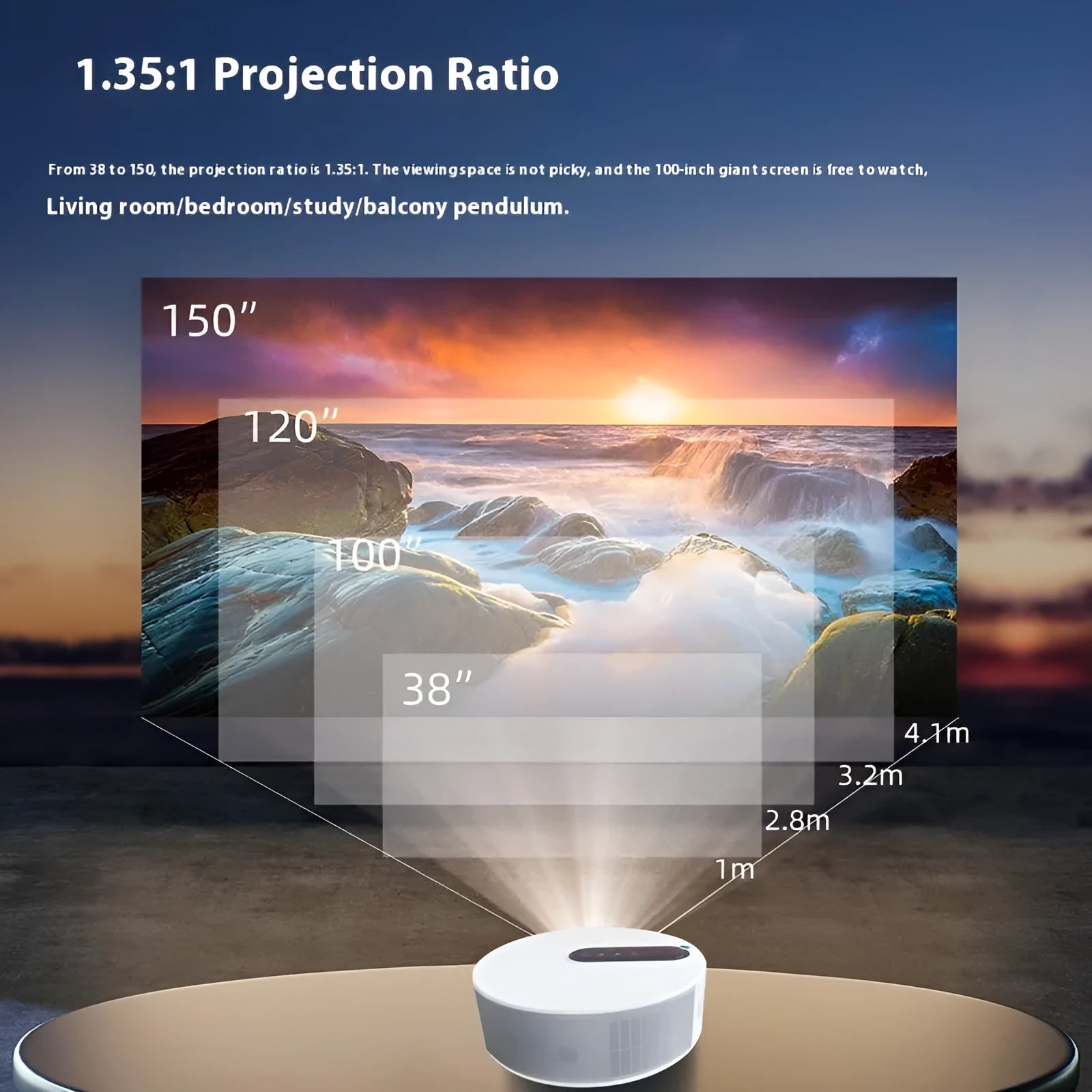 White HD home theatre smart projector with remote control on a stand