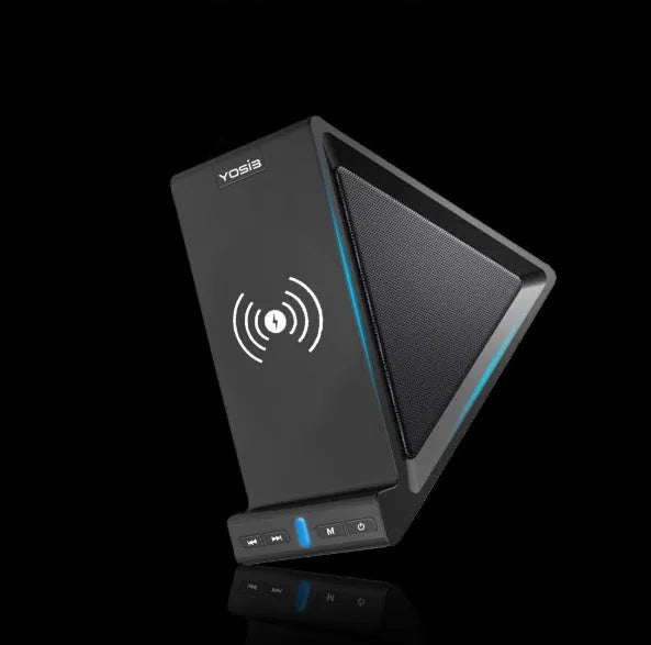 Black multifunction Bluetooth speaker with integrated mobile phone charging stand and holder.