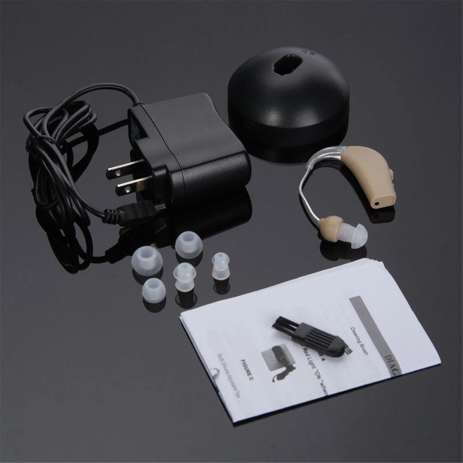 U-Kiss rechargeable behind-the-ear digital hearing aid amplifier with mini design and EU/US plug options.