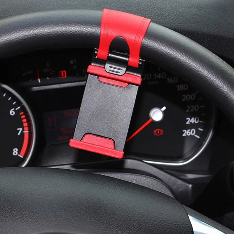 Black car steering wheel clip mount holder with mobile phone attached