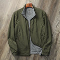 Men's simple stand collar jacket in army green colour, showing regular fit and sleeve design.