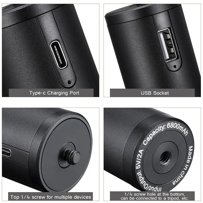 Black aluminium alloy charging treasure handle portable power bank showing size and USB port.