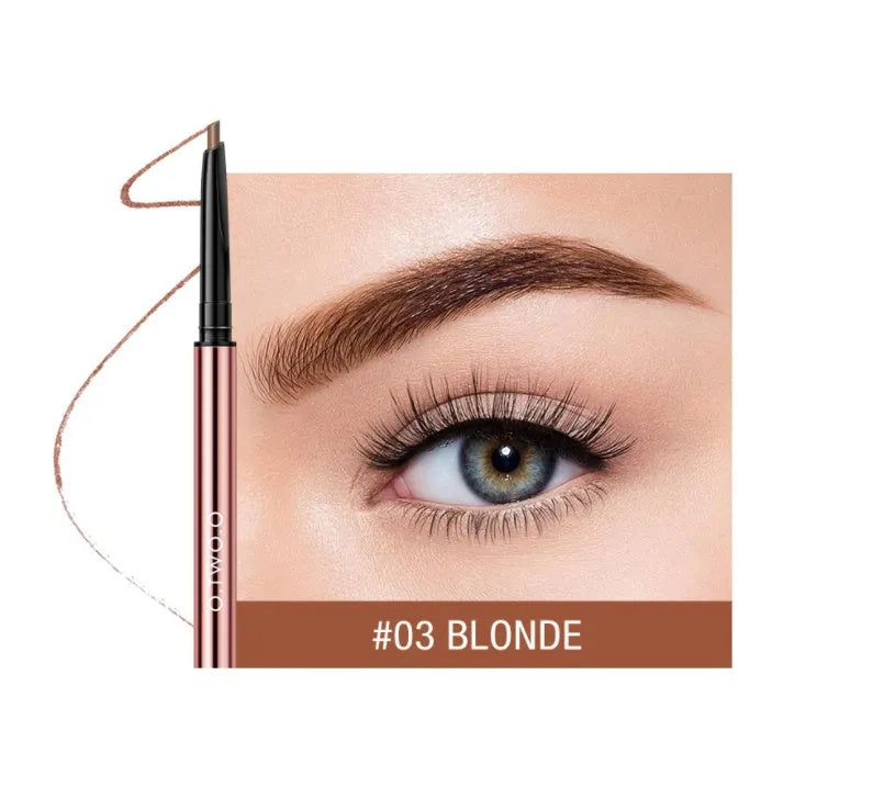 Brow makeup pencil in colour box with six shade options including Auburn, Blonde, Caramel, Dark Brown, Soft Brown, and Taupe.