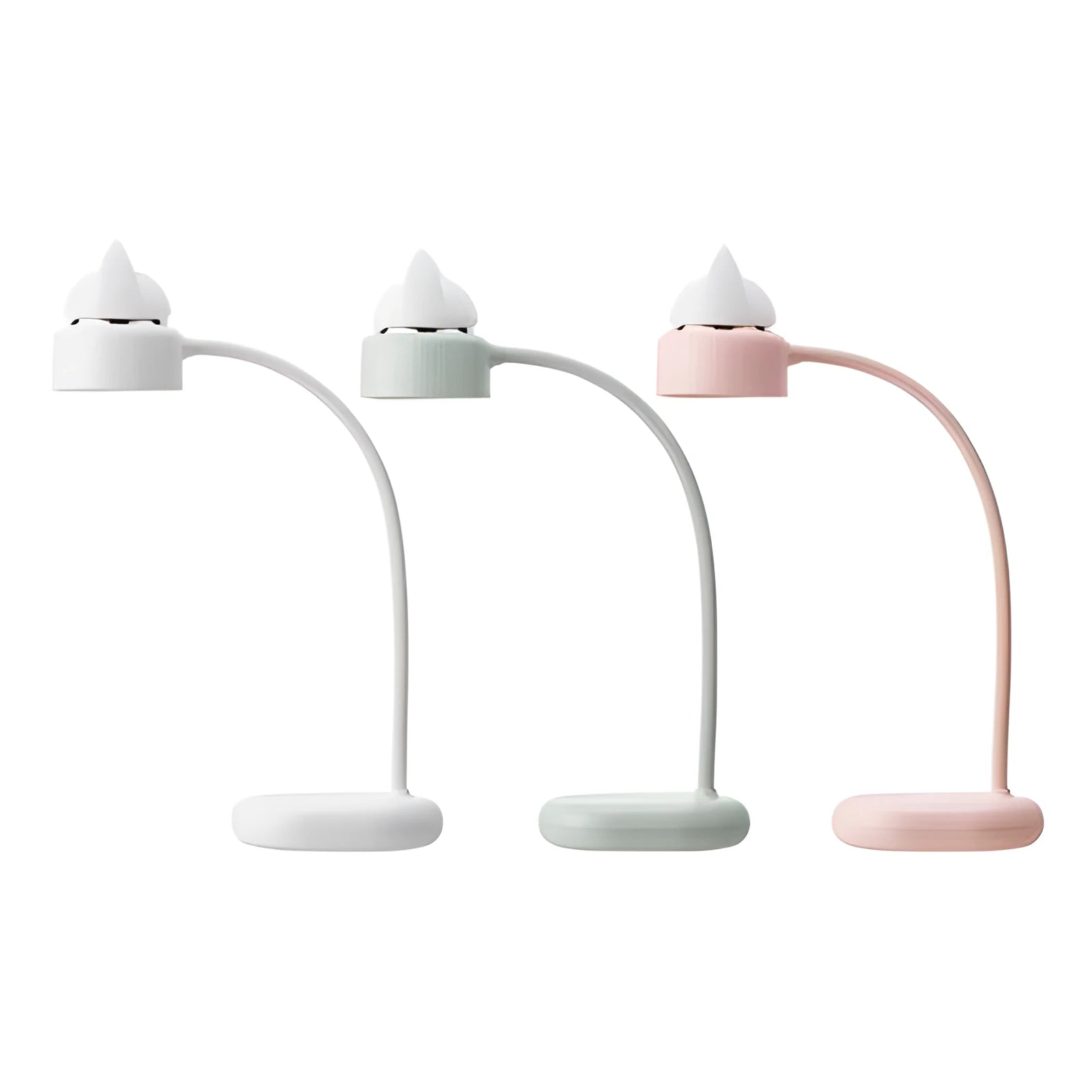 White clip-on LED desk lamp with touch controls and USB cable on a wooden desk.