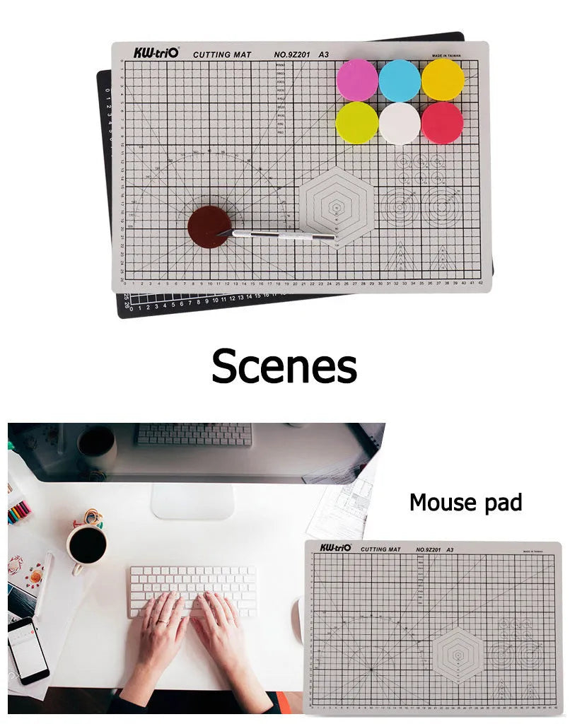 Double-sided A3 self-healing cutting mat with centimetre grid lines in green, black, or grey