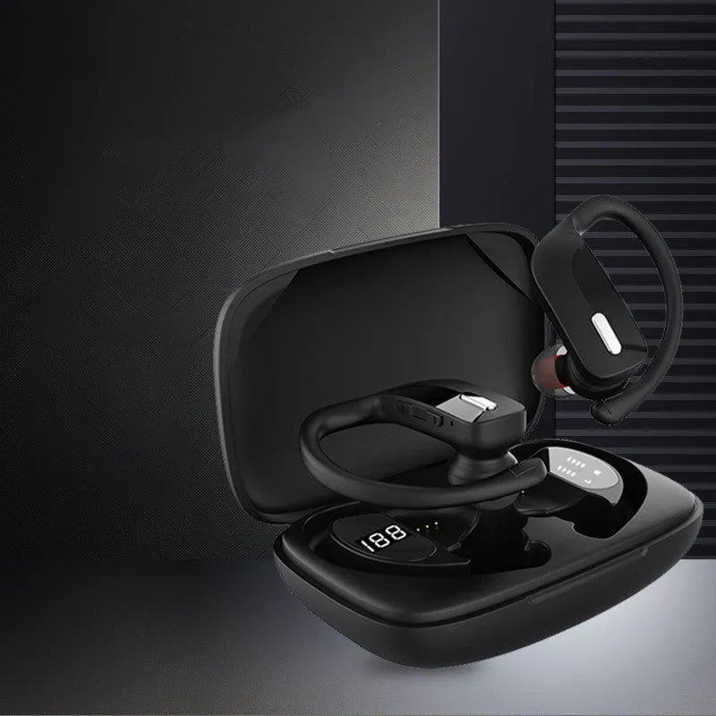 Black hanging ear wireless Bluetooth headset with LED digital display showing battery status