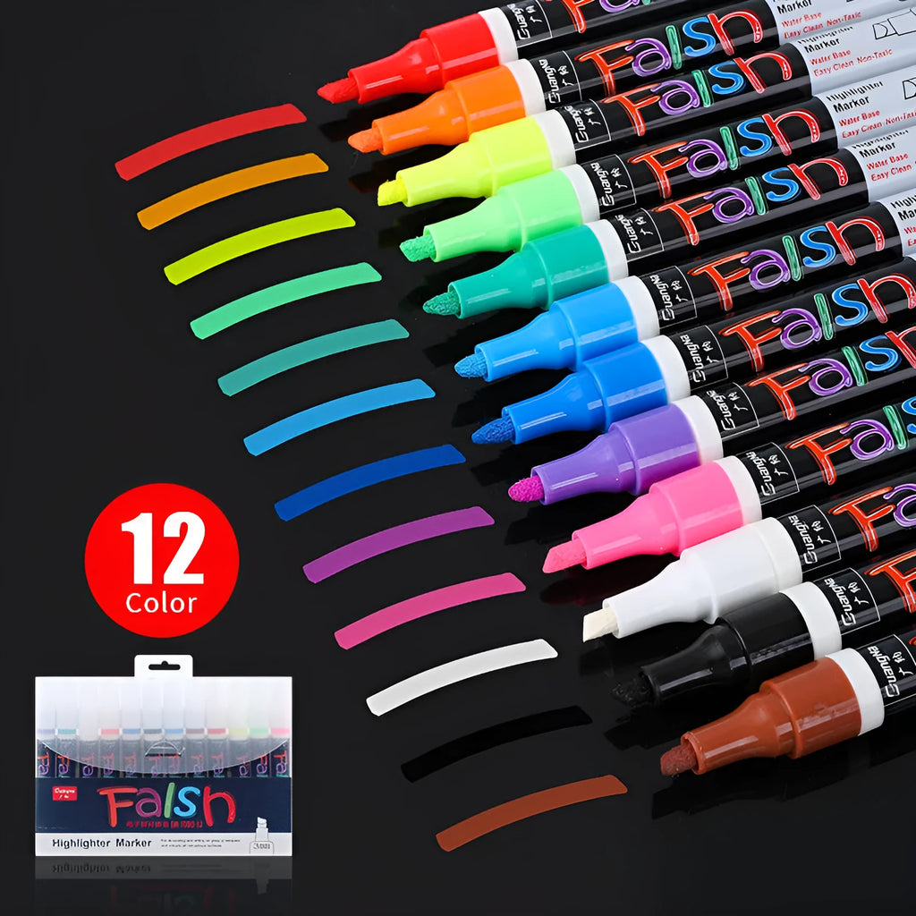 Electronic fluorescent board highlighter with oblique plastic body and 6mm tip, shown with multi-colour refills.